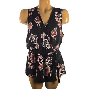 Sienna Sky Floral Print Navy Sleeveless Blouse Wrap Tie Waist  Fall Layer Medium